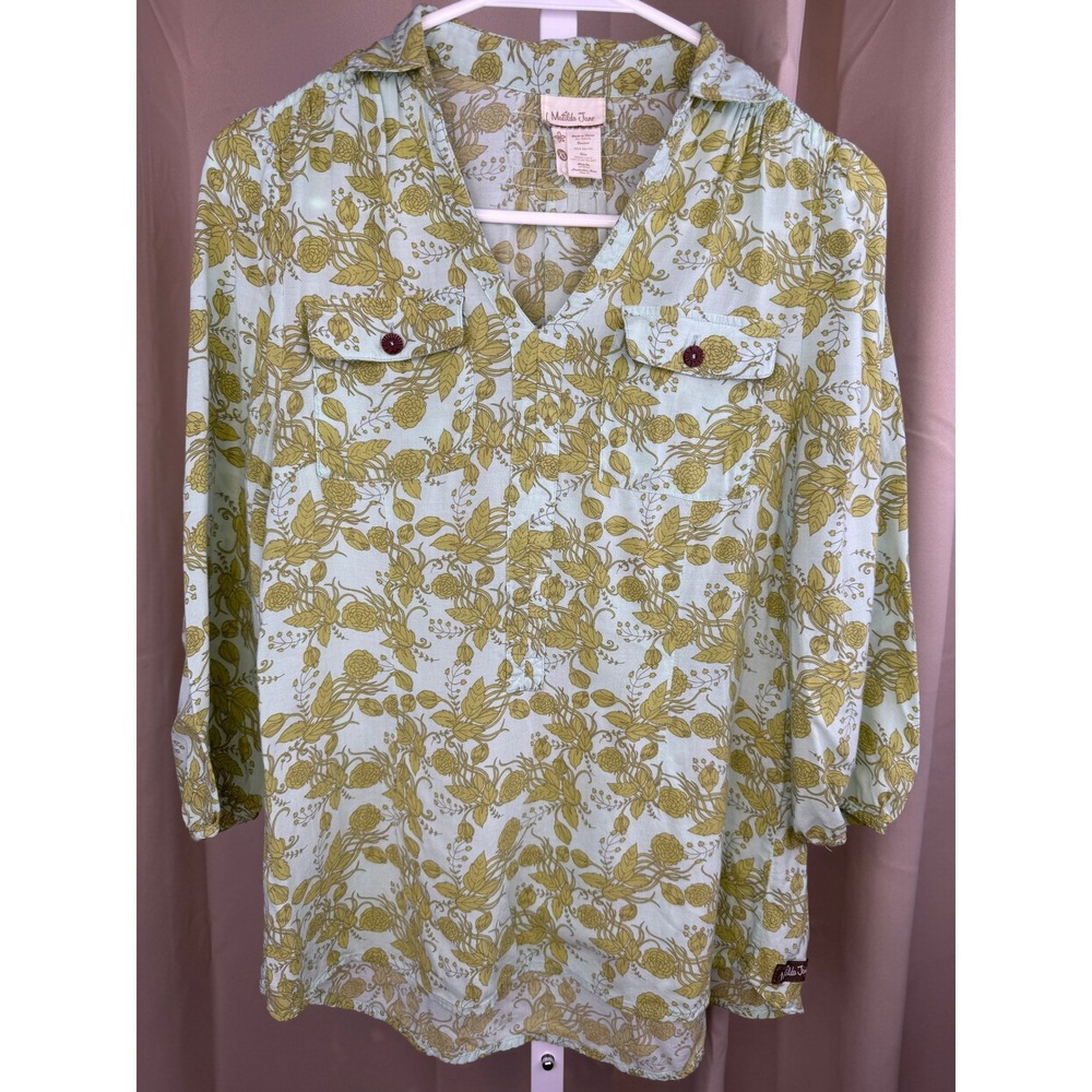 Matilda Jane Floral Button Front‎ Blouse Women's XS Green Yellow Print